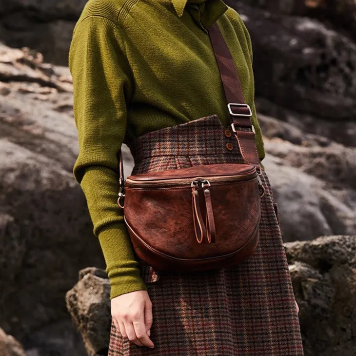 Small Coffee Leather Womens Saddle Shoulder Bag Small Fanny Pack Handmade Crossbody Purse for Ladies