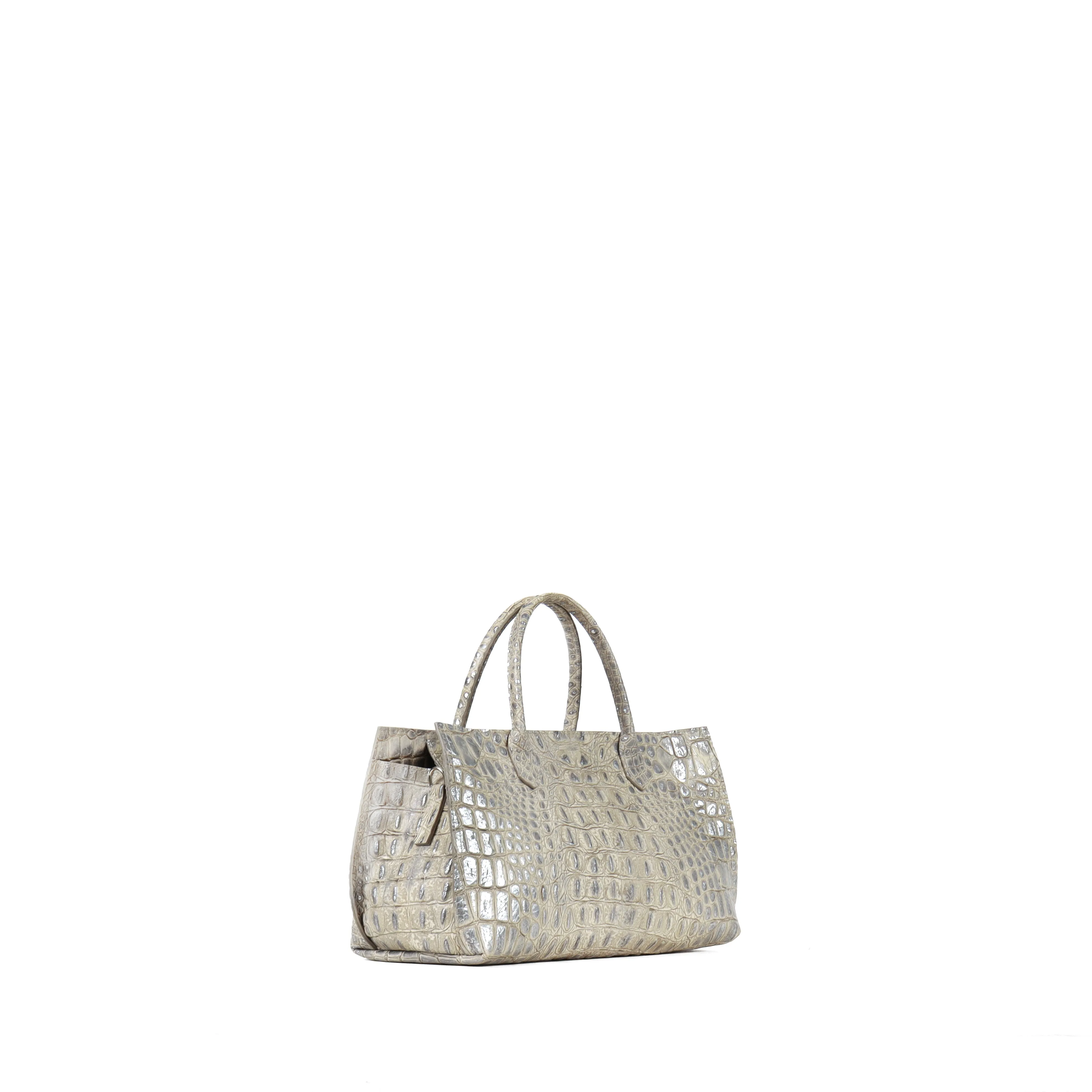 SMALL DAY BAG PLATINUM STONE EMBOSSED CROC