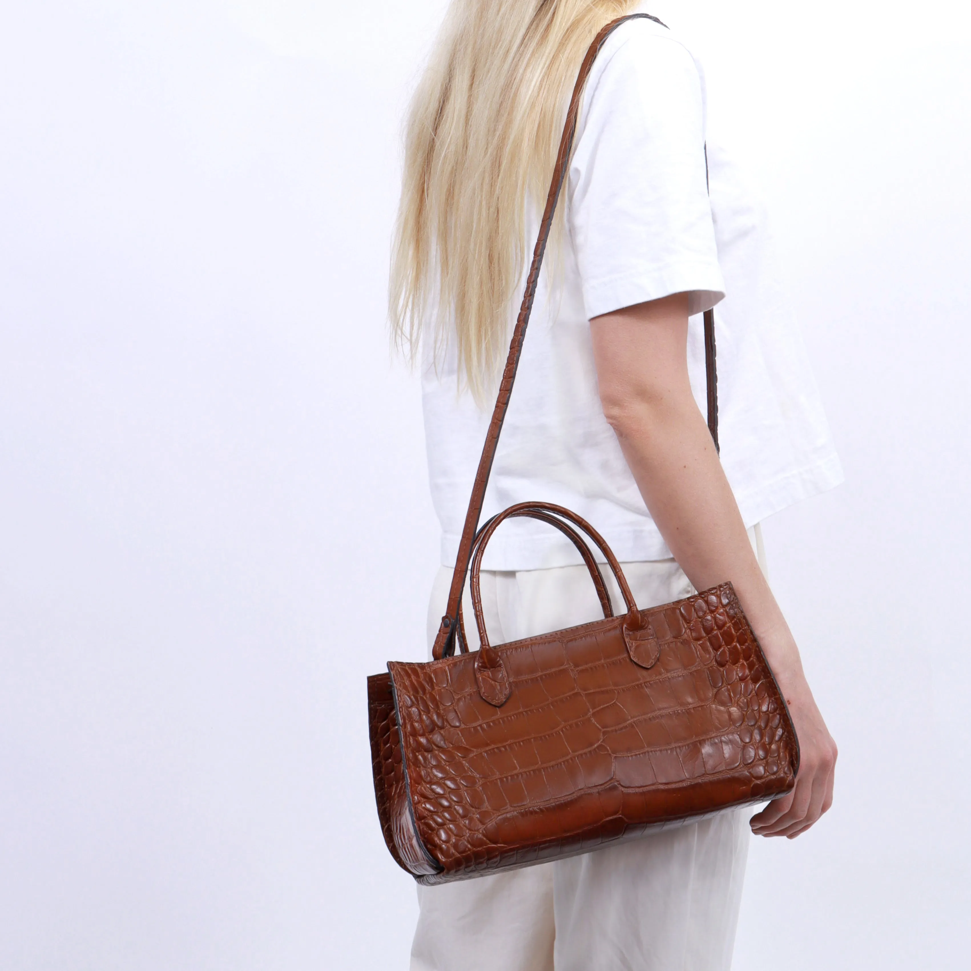 SMALL DAY BAG PLATINUM STONE EMBOSSED CROC