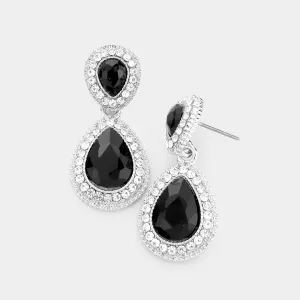 Small Double Teardrop Black Crystal Drop Earrings  |  465052