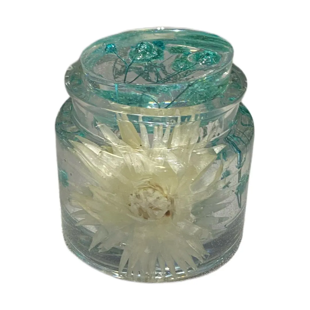 Small Jar with Blue Green & White Flowers