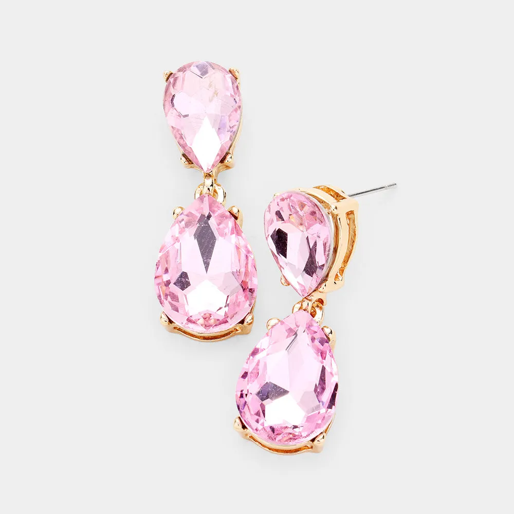 Small Pink Crystal Double Teardrop Pageant Earrings  | 435965