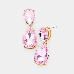Small Pink Crystal Double Teardrop Pageant Earrings  | 435965