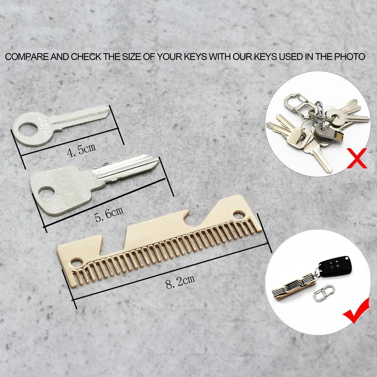 Smart Compact Key Holder Keychain with Built-in Tools - Bottle Opener/Phone Stand - Gold Frame Plus Anti Loosening Washer - Great Present(Hair Comb)