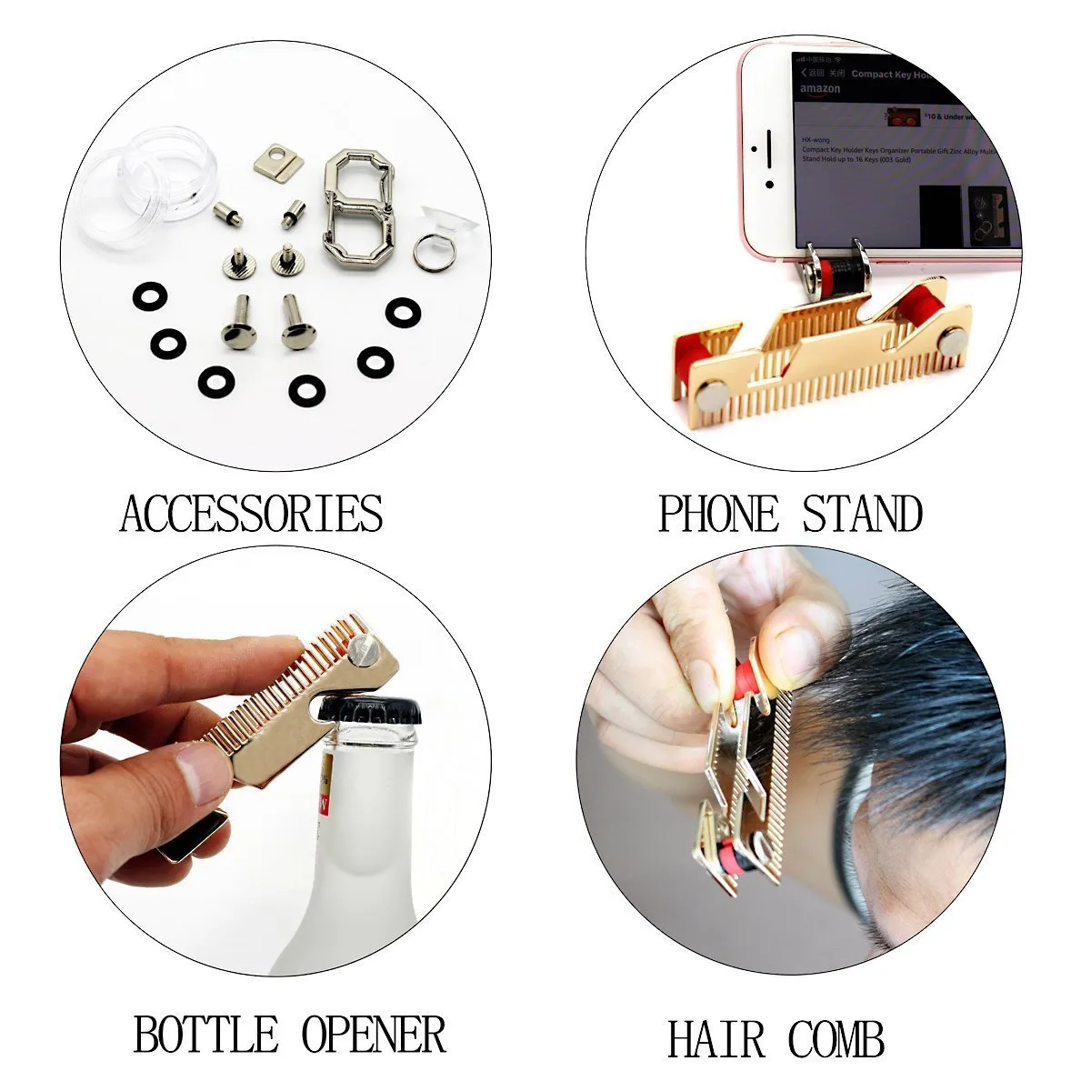 Smart Compact Key Holder Keychain with Built-in Tools - Bottle Opener/Phone Stand - Gold Frame Plus Anti Loosening Washer - Great Present(Hair Comb)