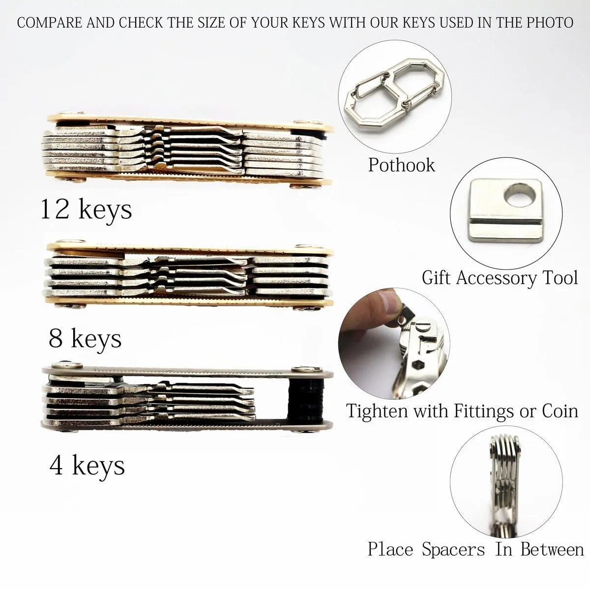 Smart Compact Key Holder Keychain with Built-in Tools - Bottle Opener/Phone Stand - Gold Frame Plus Anti Loosening Washer - Great Present(Hair Comb)