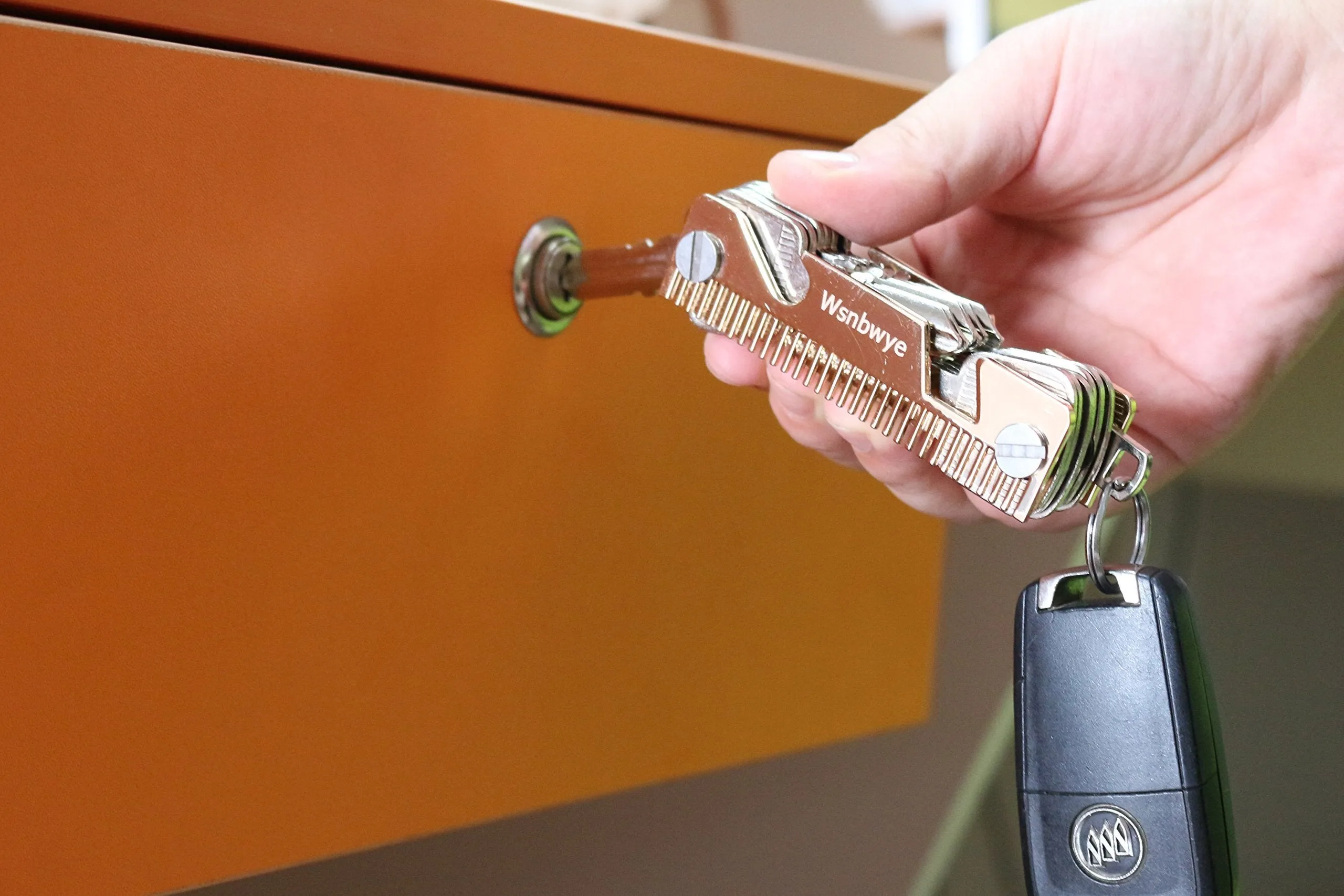 Smart Compact Key Holder Keychain with Built-in Tools - Bottle Opener/Phone Stand - Gold Frame Plus Anti Loosening Washer - Great Present(Hair Comb)