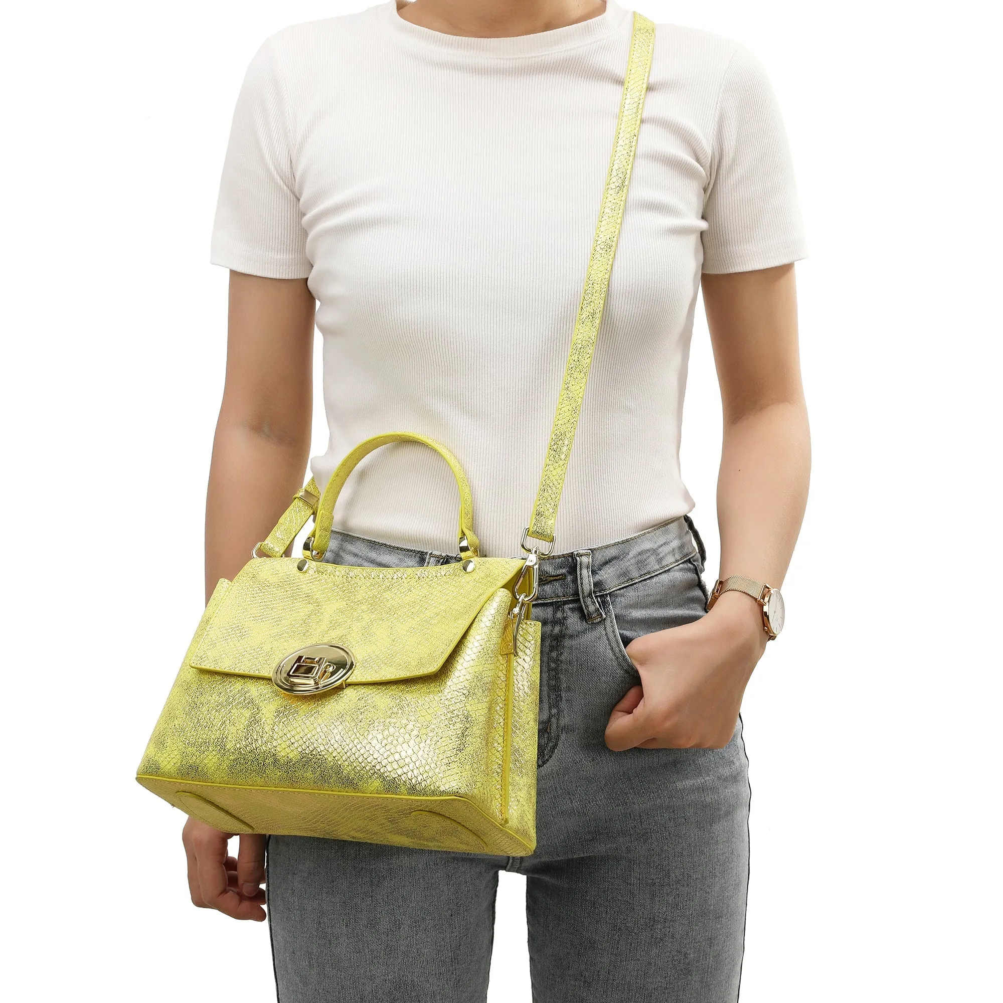 Snake Printed Leather Satchel Bag