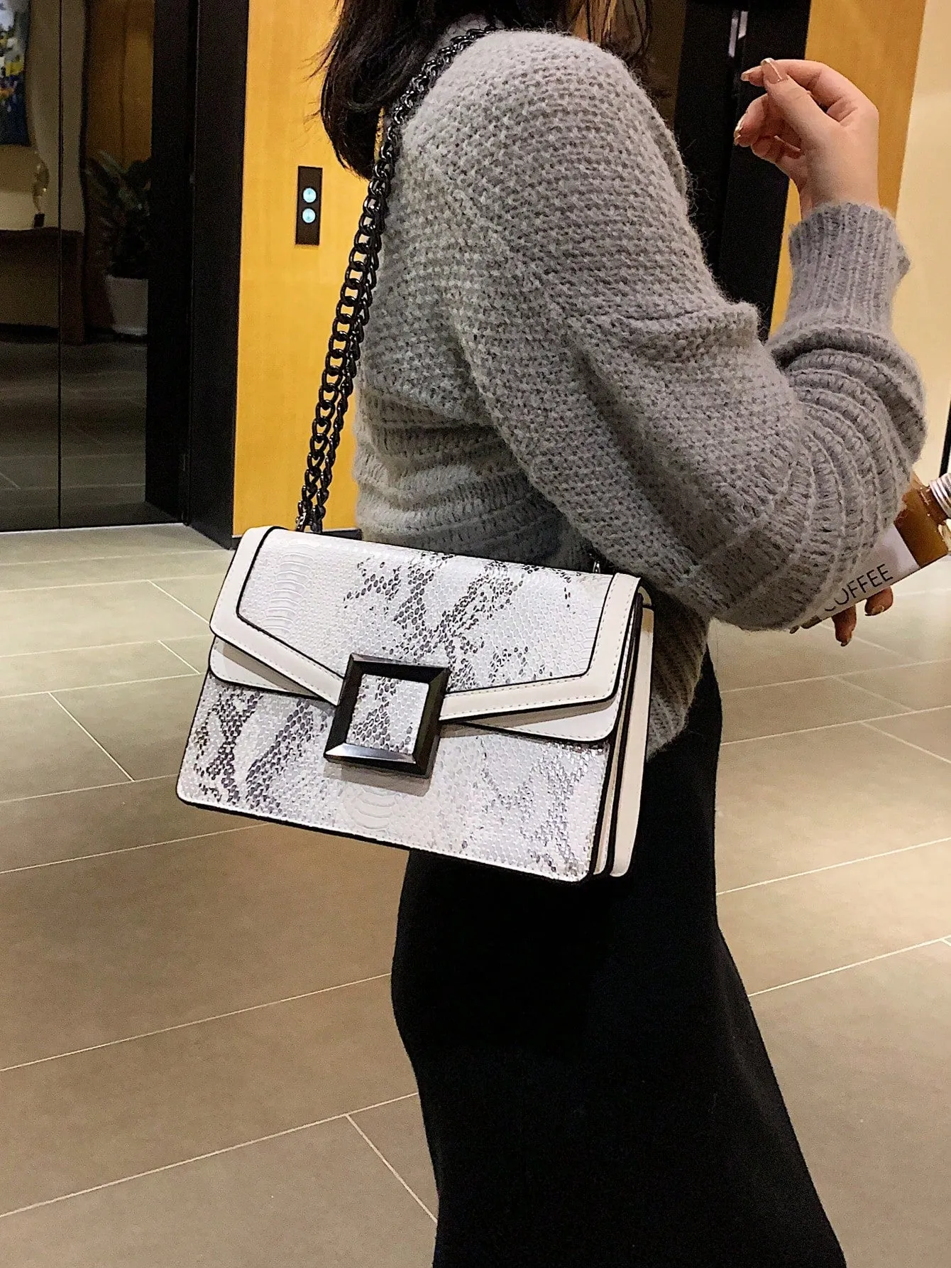 Snakeskin Embossed Square Bag Small Flap Chain Strap