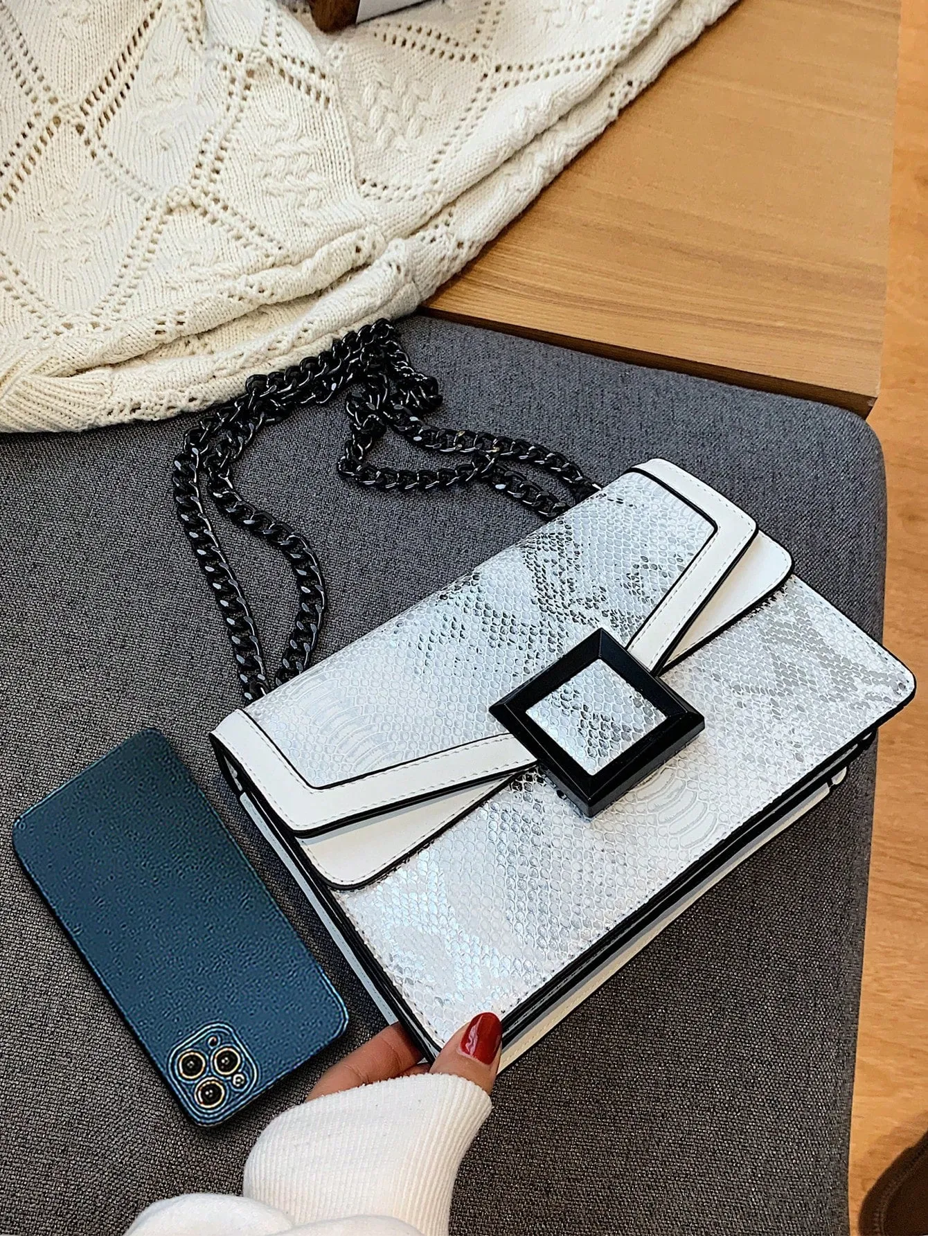 Snakeskin Embossed Square Bag Small Flap Chain Strap