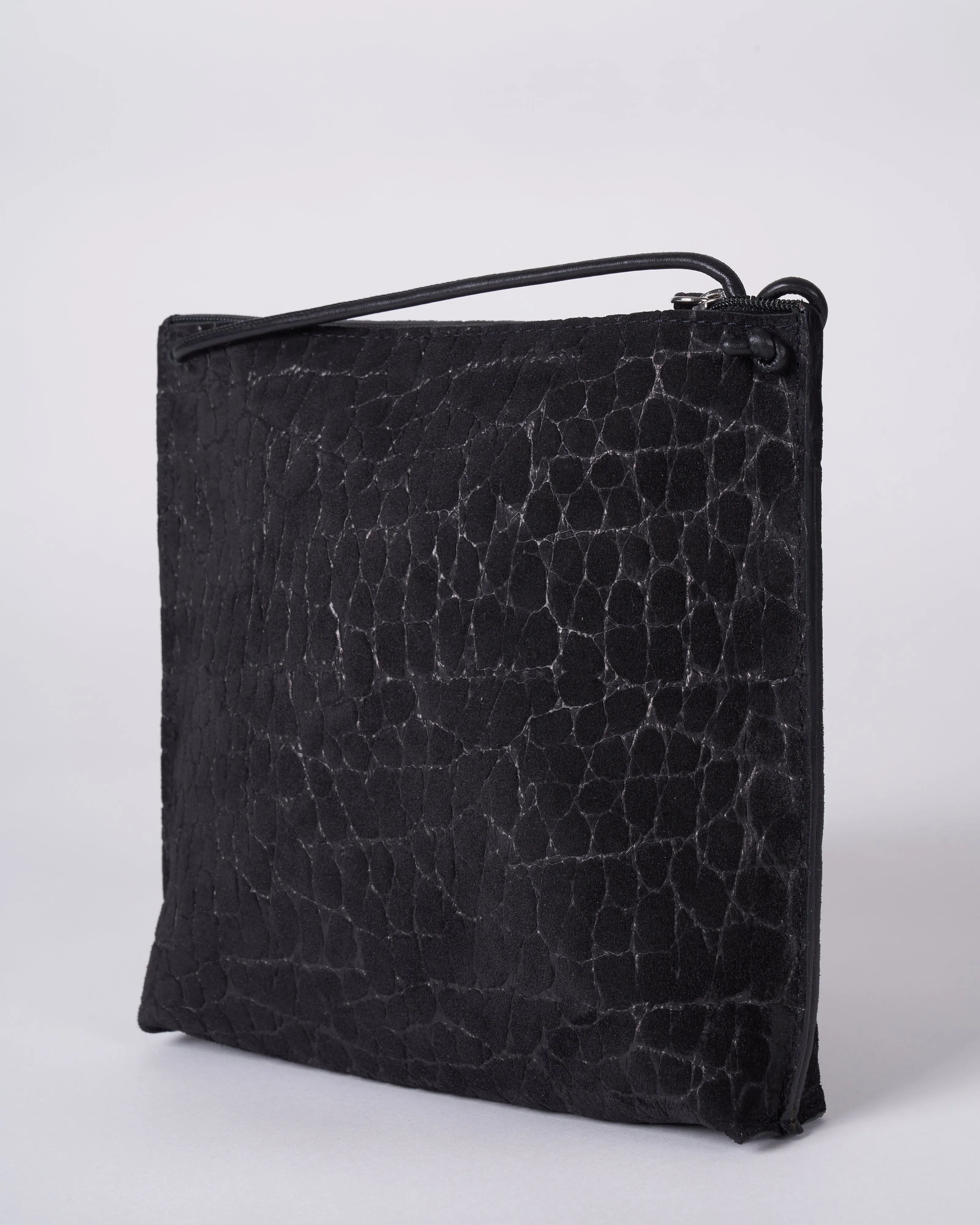 strappy pouch - coal embossed suede