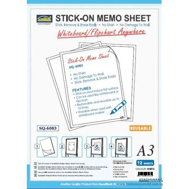Suremark Stick On Memo Sheet Reusable Whiteboard Flipchart A3 SQ-6083