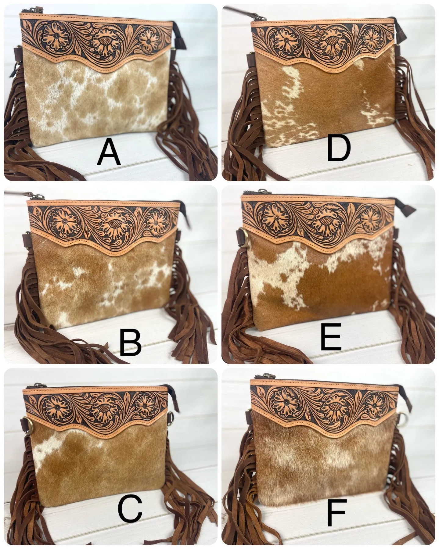 Tan Hide Floral Tooled Leather Fringe Square Handbag