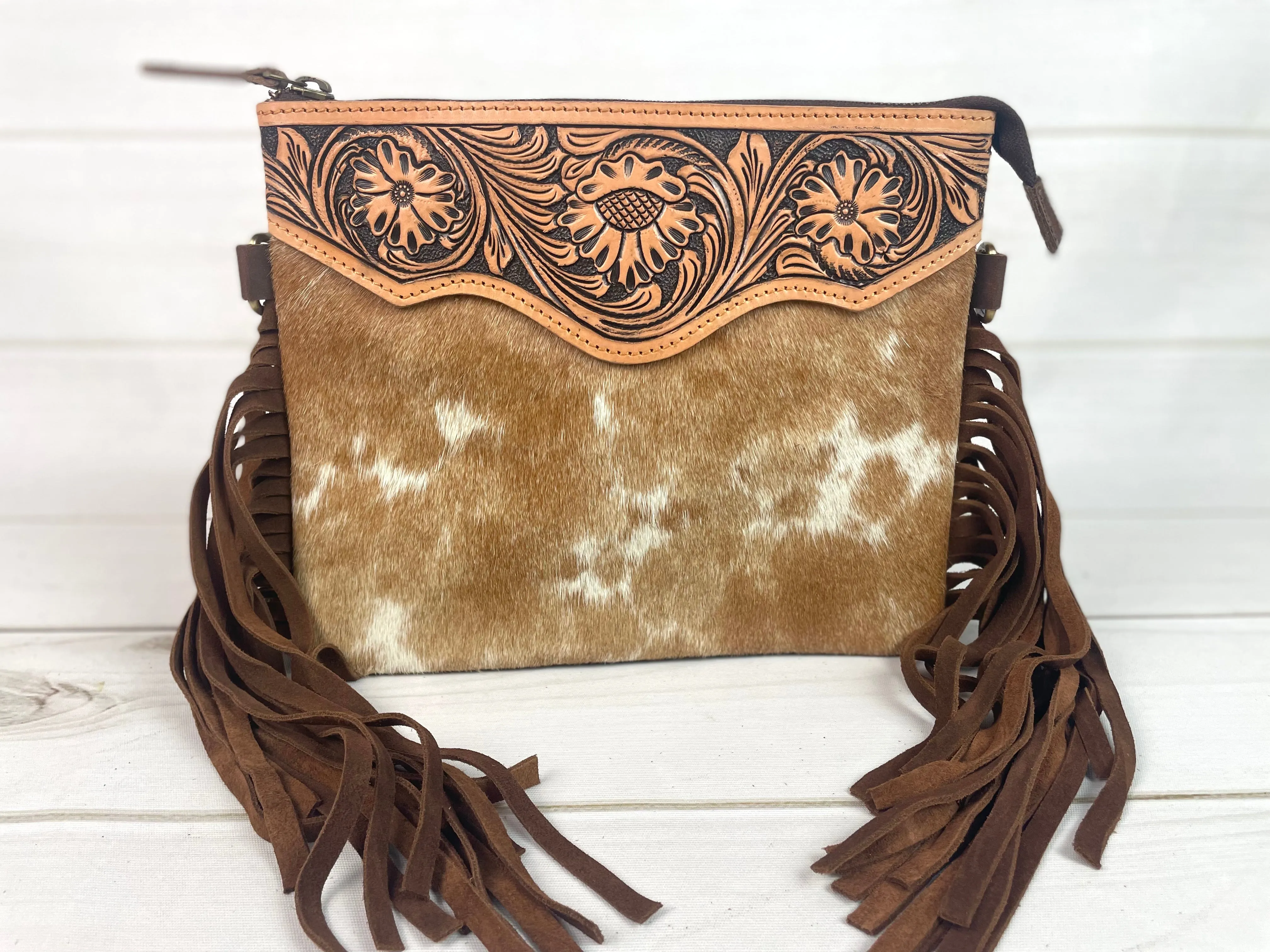 Tan Hide Floral Tooled Leather Fringe Square Handbag