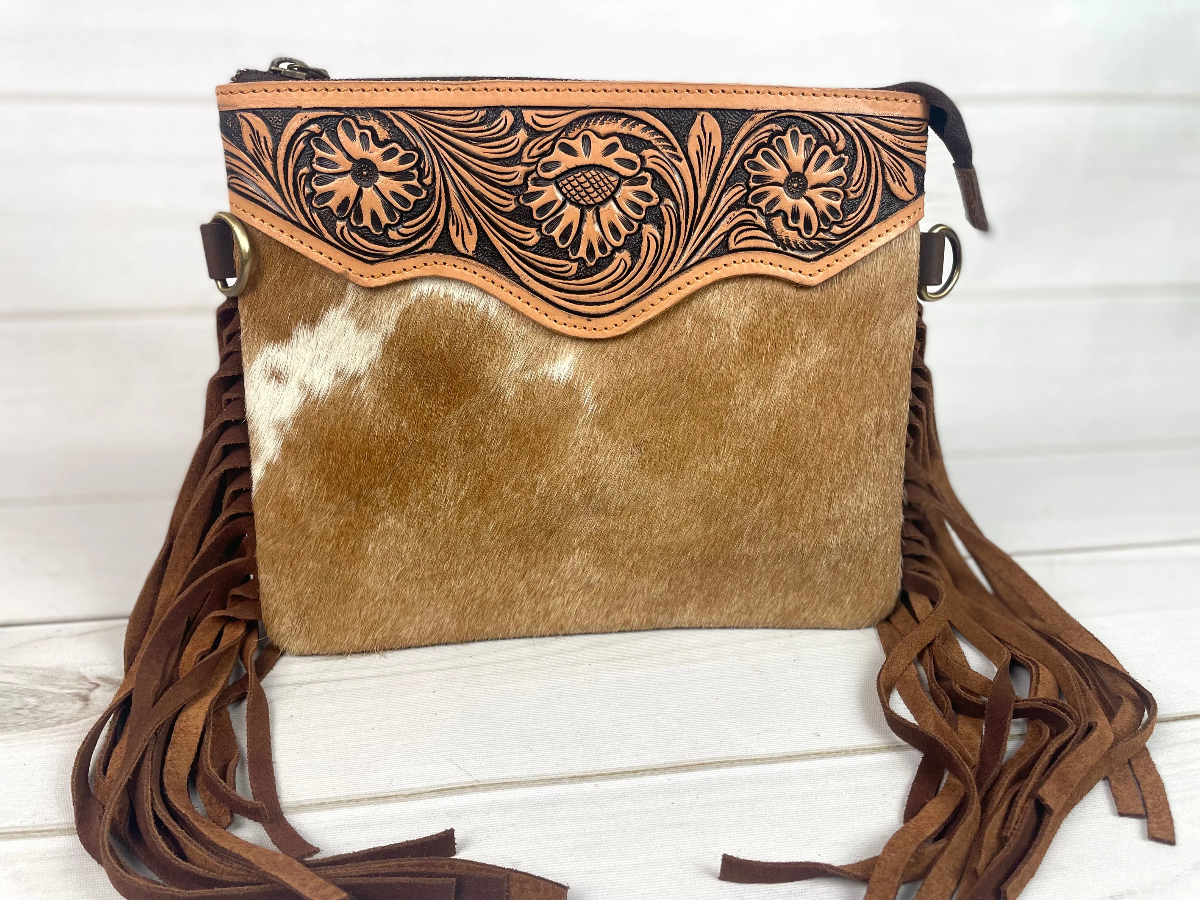 Tan Hide Floral Tooled Leather Fringe Square Handbag