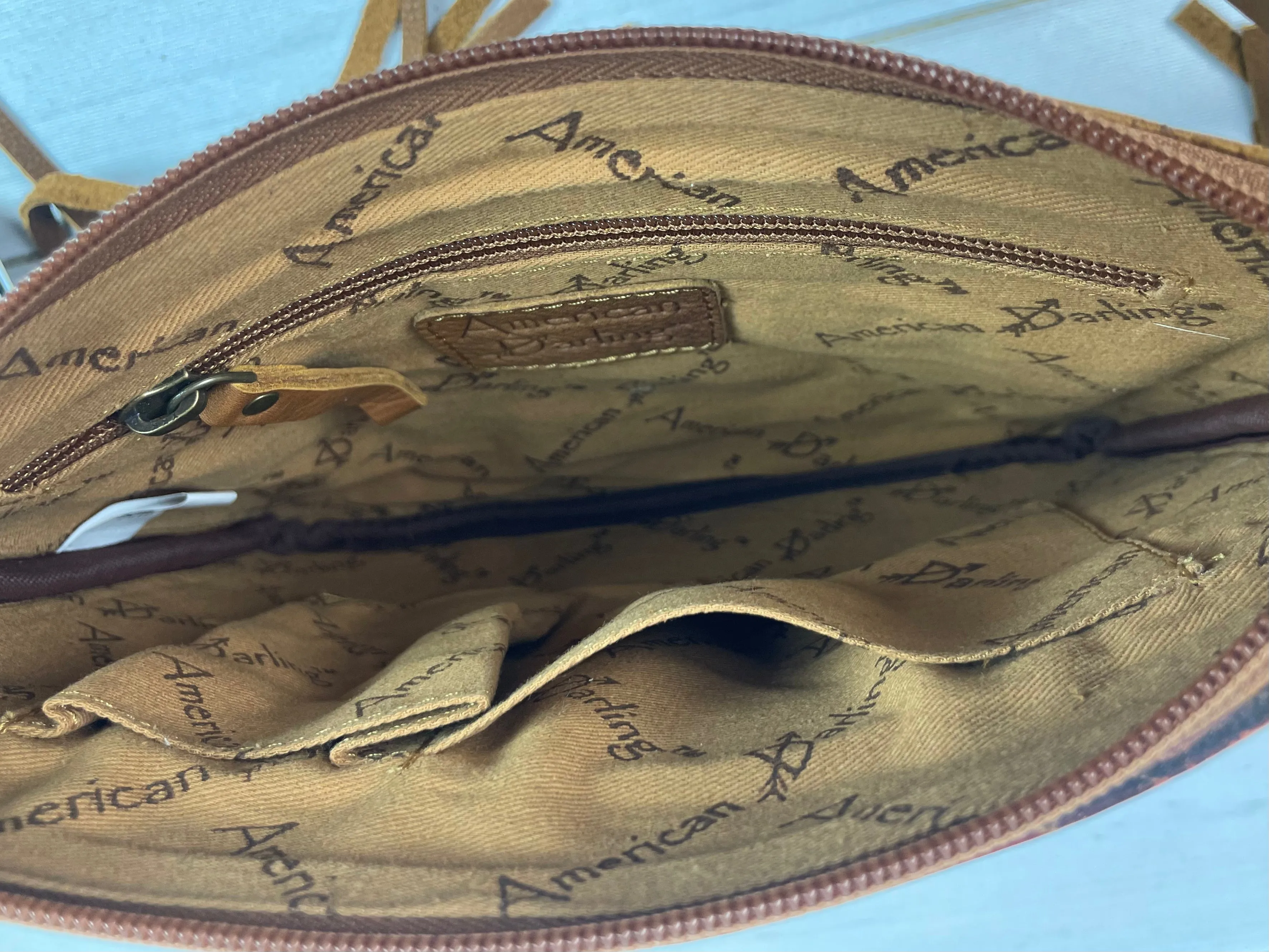 Tan Hide Floral Tooled Leather Fringe Square Handbag