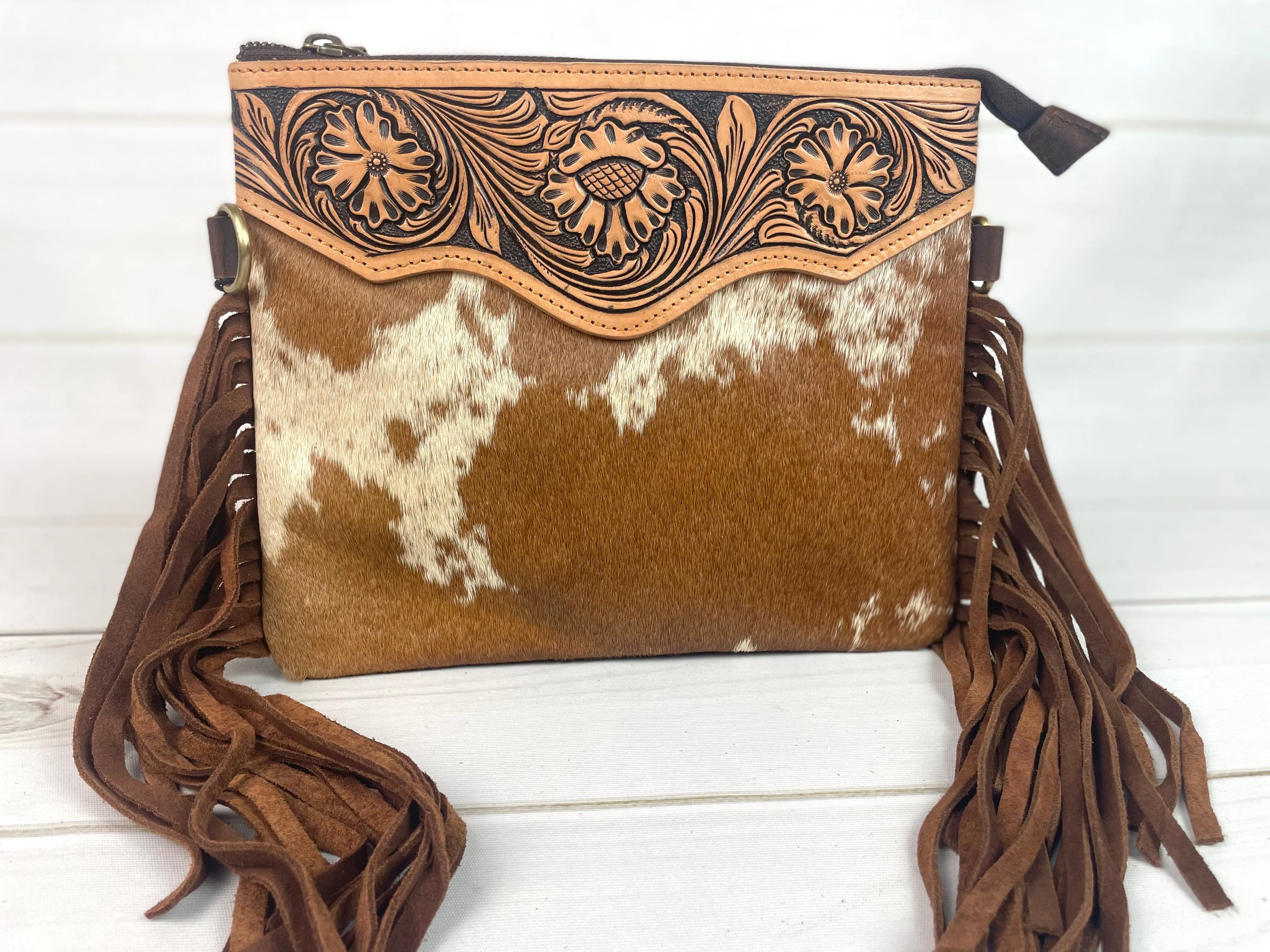 Tan Hide Floral Tooled Leather Fringe Square Handbag