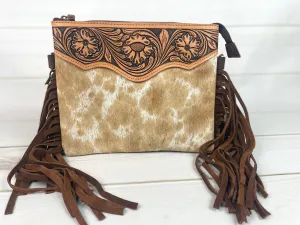Tan Hide Floral Tooled Leather Fringe Square Handbag