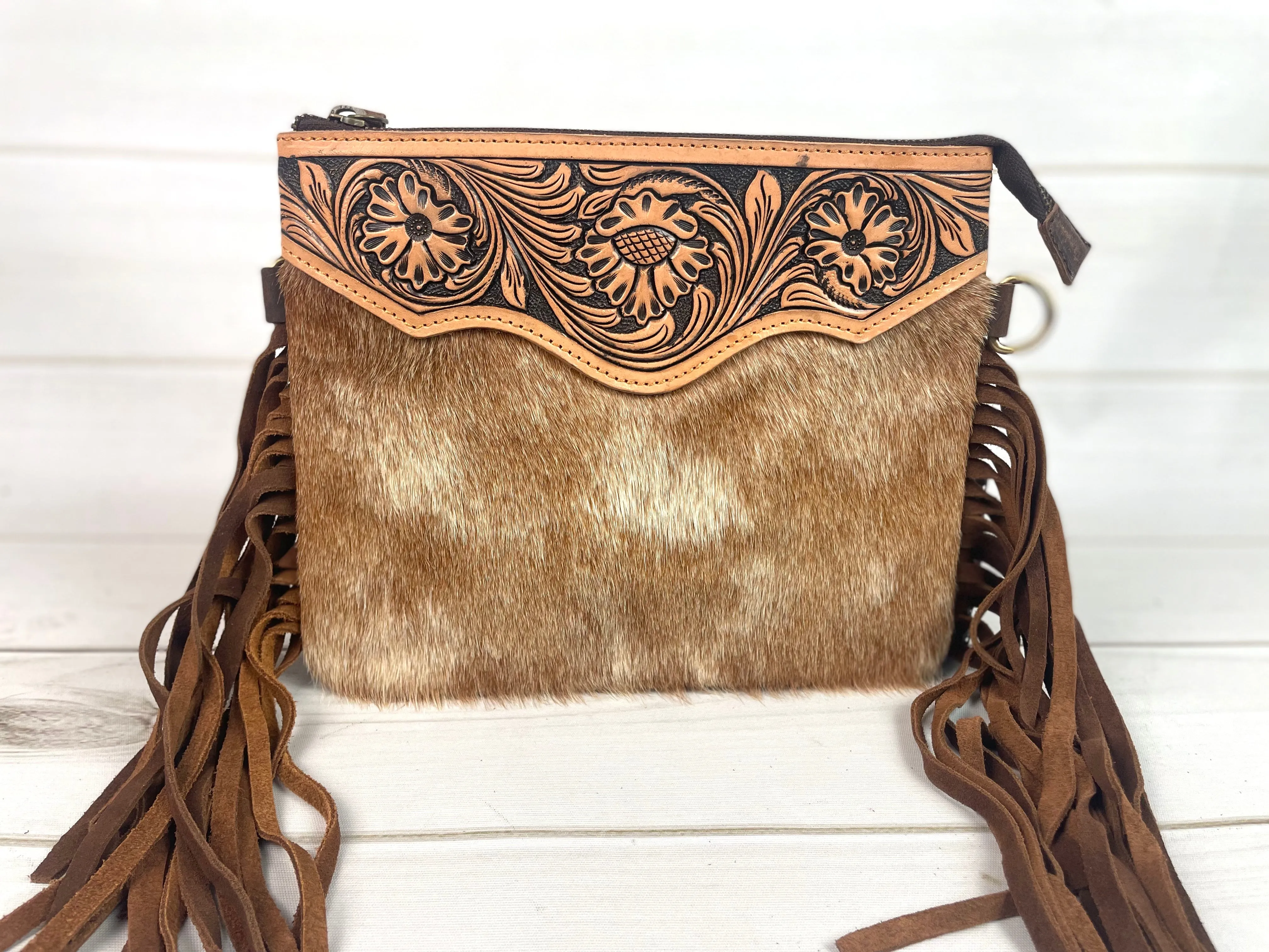 Tan Hide Floral Tooled Leather Fringe Square Handbag