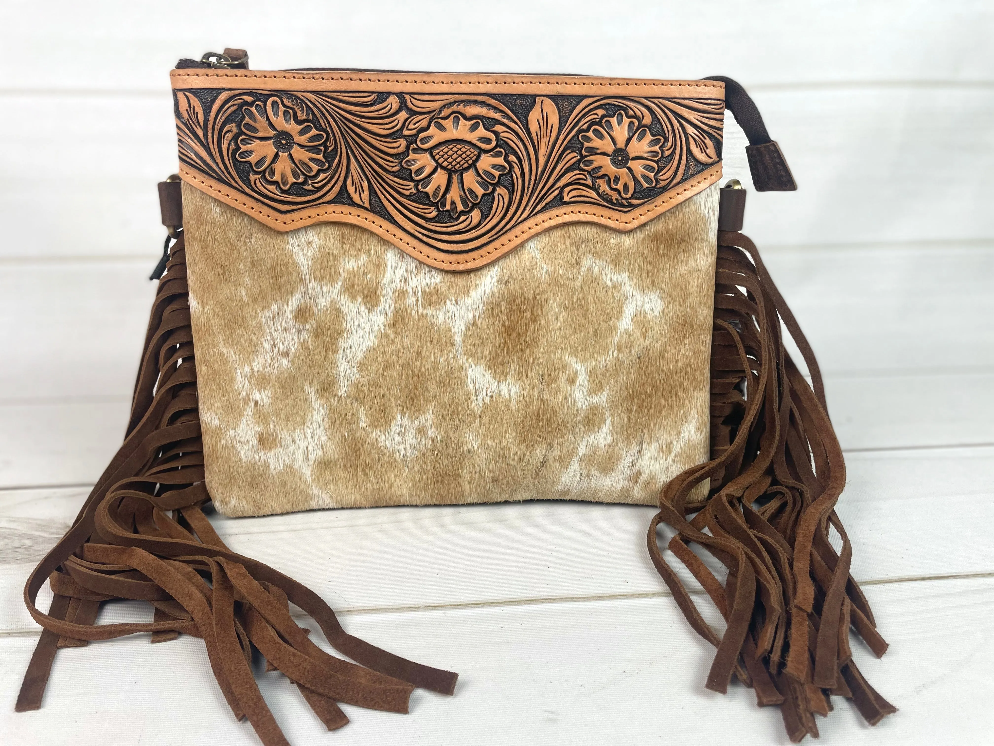 Tan Hide Floral Tooled Leather Fringe Square Handbag
