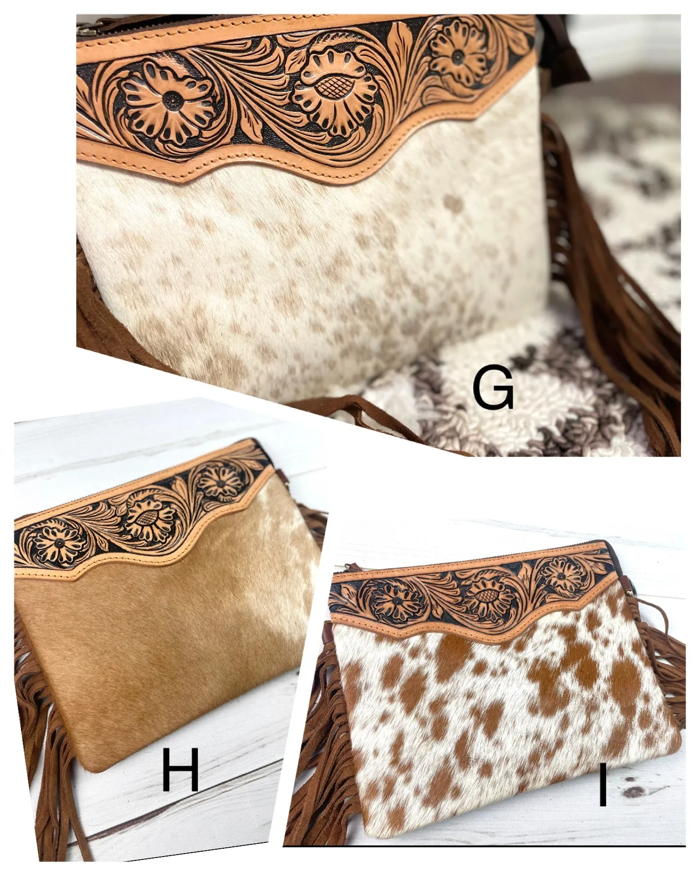 Tan Hide Floral Tooled Leather Fringe Square Handbag
