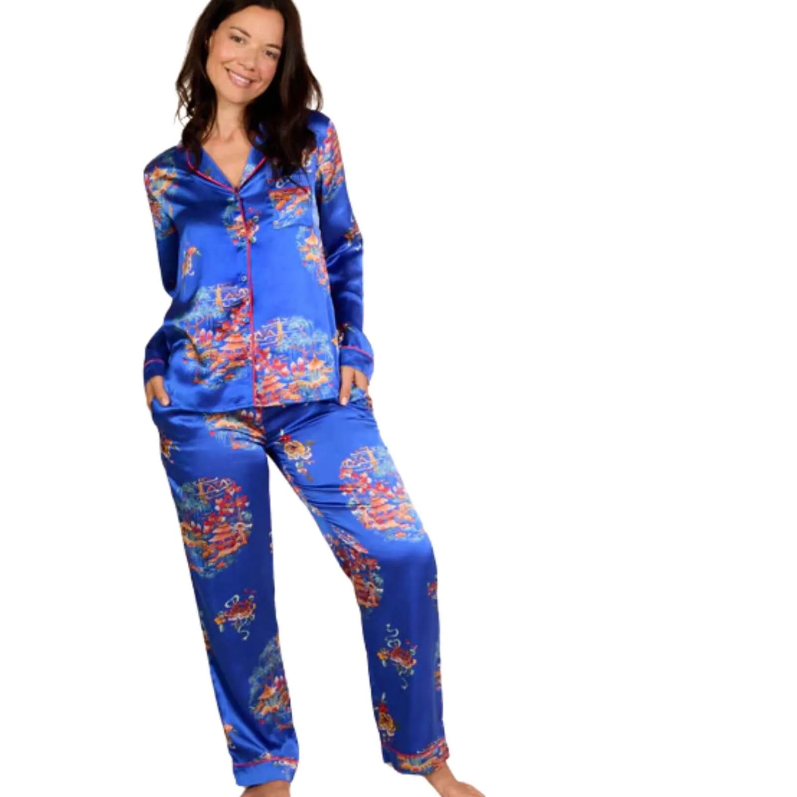 Their Nibs Satin Traditional Pyjamas - Blue Garden