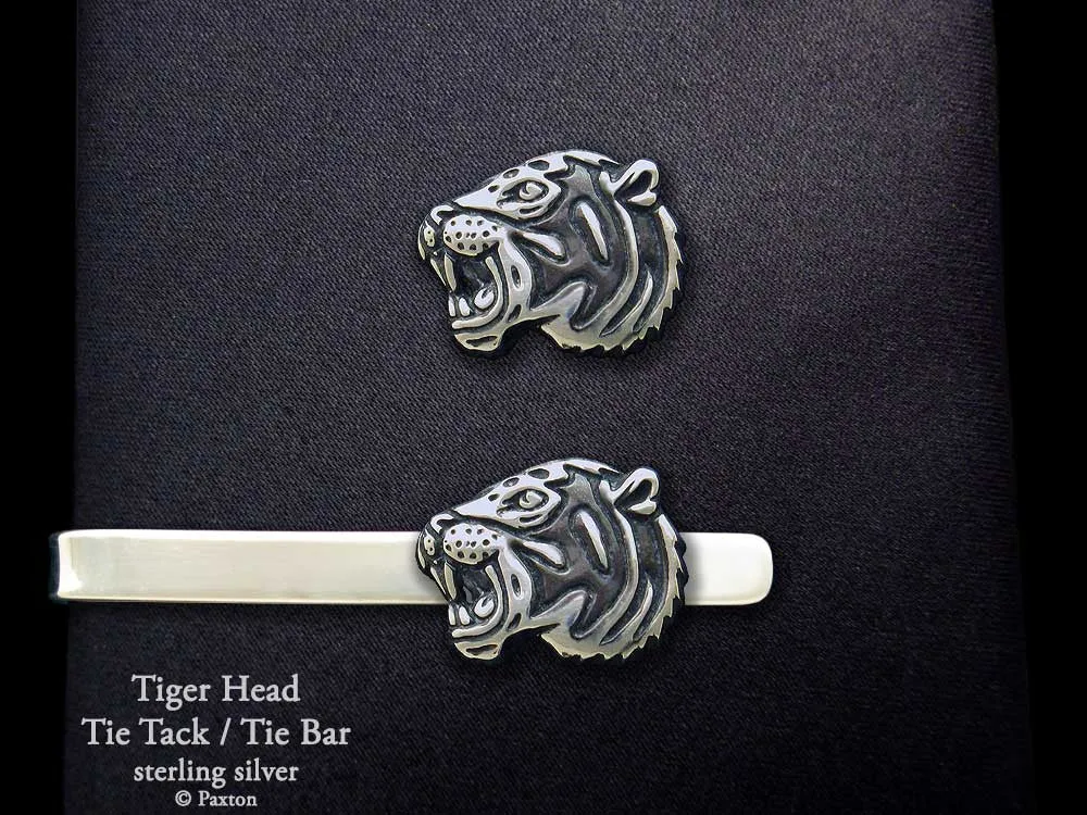 Tiger Head Tie Tack or Tiger Head Tie Bar / Tie Clip Sterling Silver