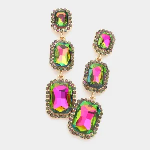 Triple Emerald Cut Multi-Color Stone Link Pageant Earrings  | Prom Earrings | 572920
