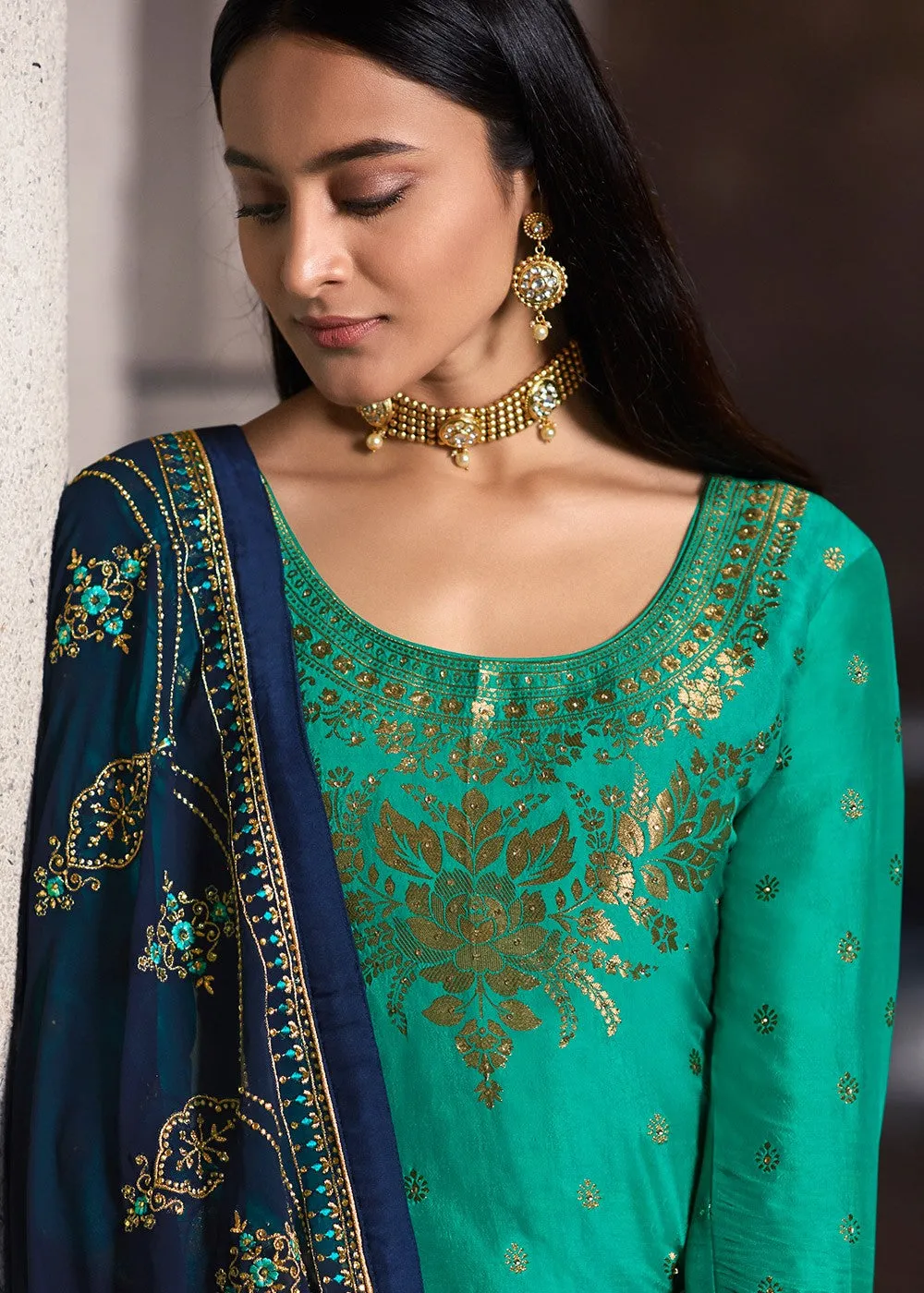 Turquoise And Blue Designer Sharara Suit