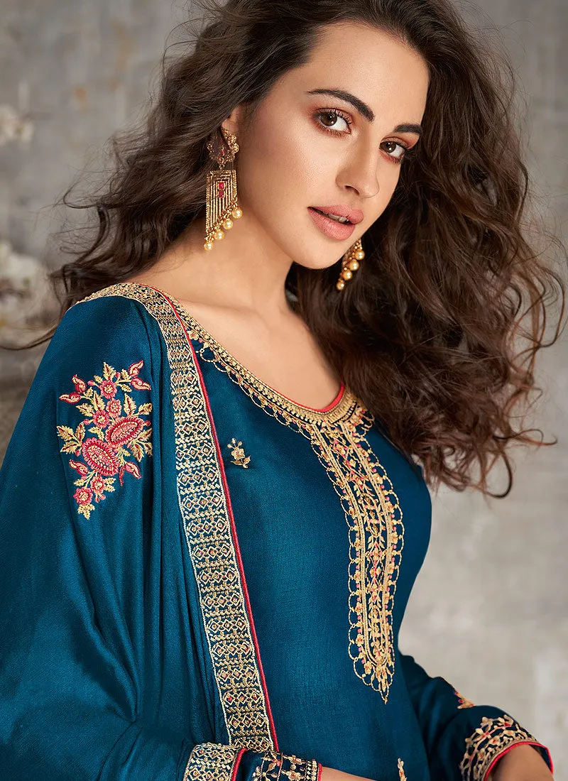 Turquoise Blue Floral Embroidered Palazzo Style Pant Suit