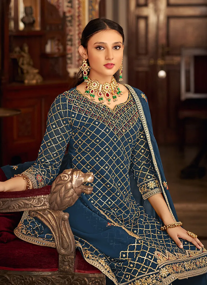 Turquoise Blue Multi Embroidery Traditional Palazzo Suit