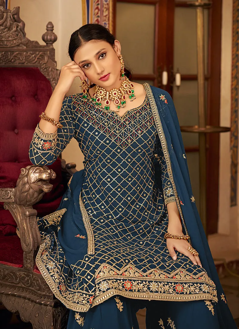 Turquoise Blue Multi Embroidery Traditional Palazzo Suit