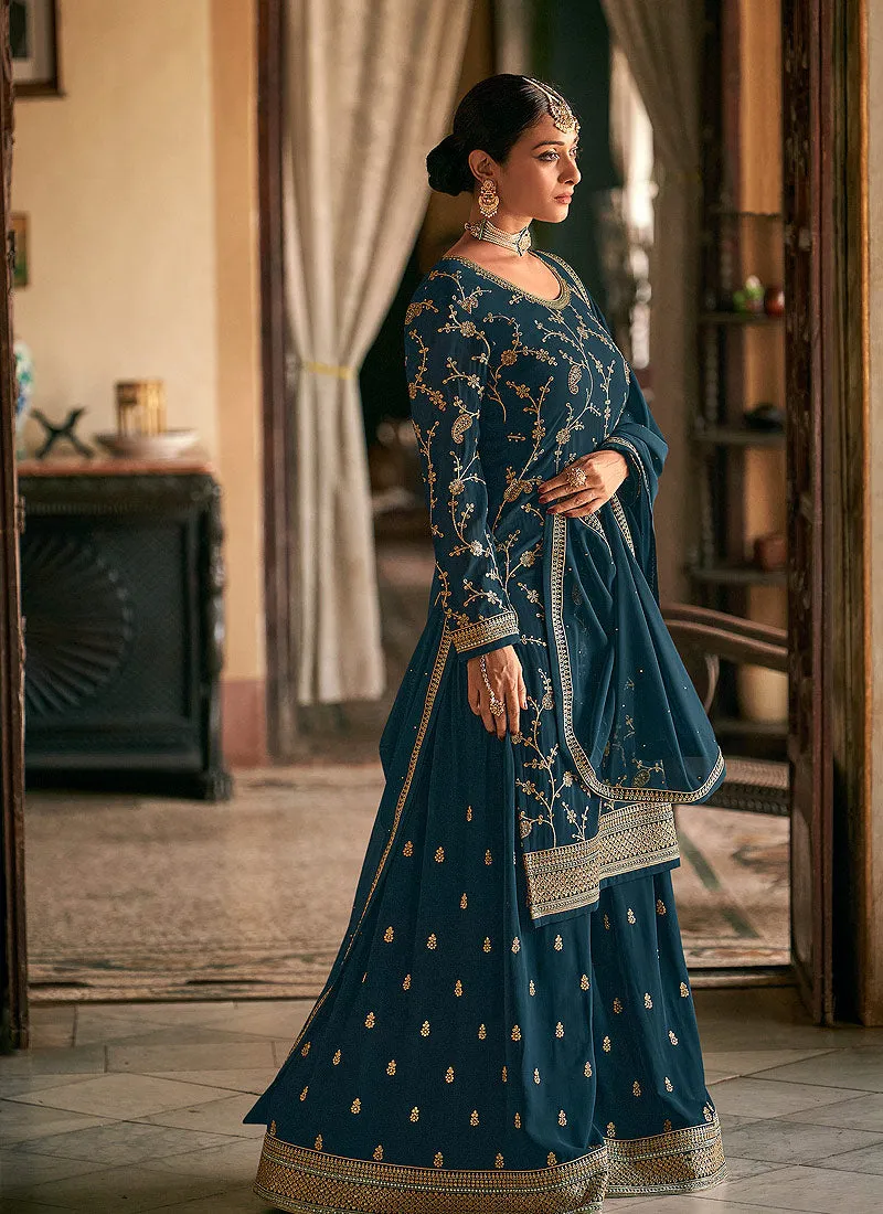 Turquoise Georgette Embroidered Palazzo Suit