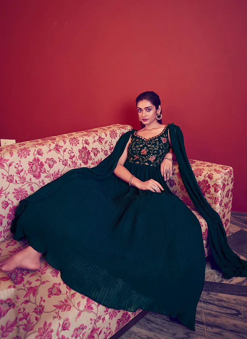 Turquoise Sequence Embroidery Designer Festive Gown