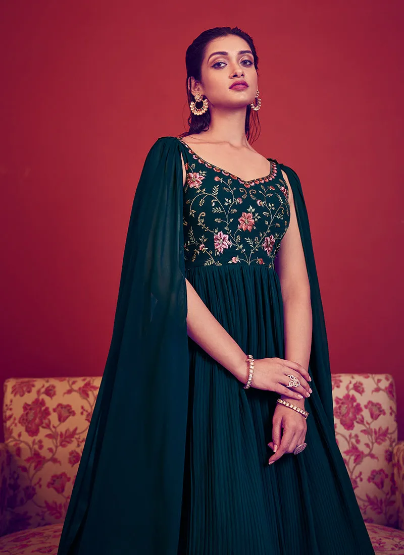 Turquoise Sequence Embroidery Designer Festive Gown