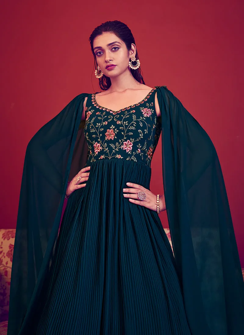 Turquoise Sequence Embroidery Designer Festive Gown
