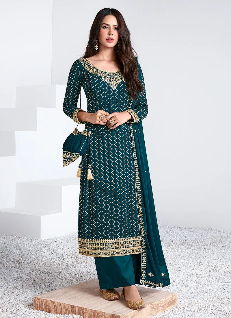 Turquoise Traditional Embroidered Salwar Kameez