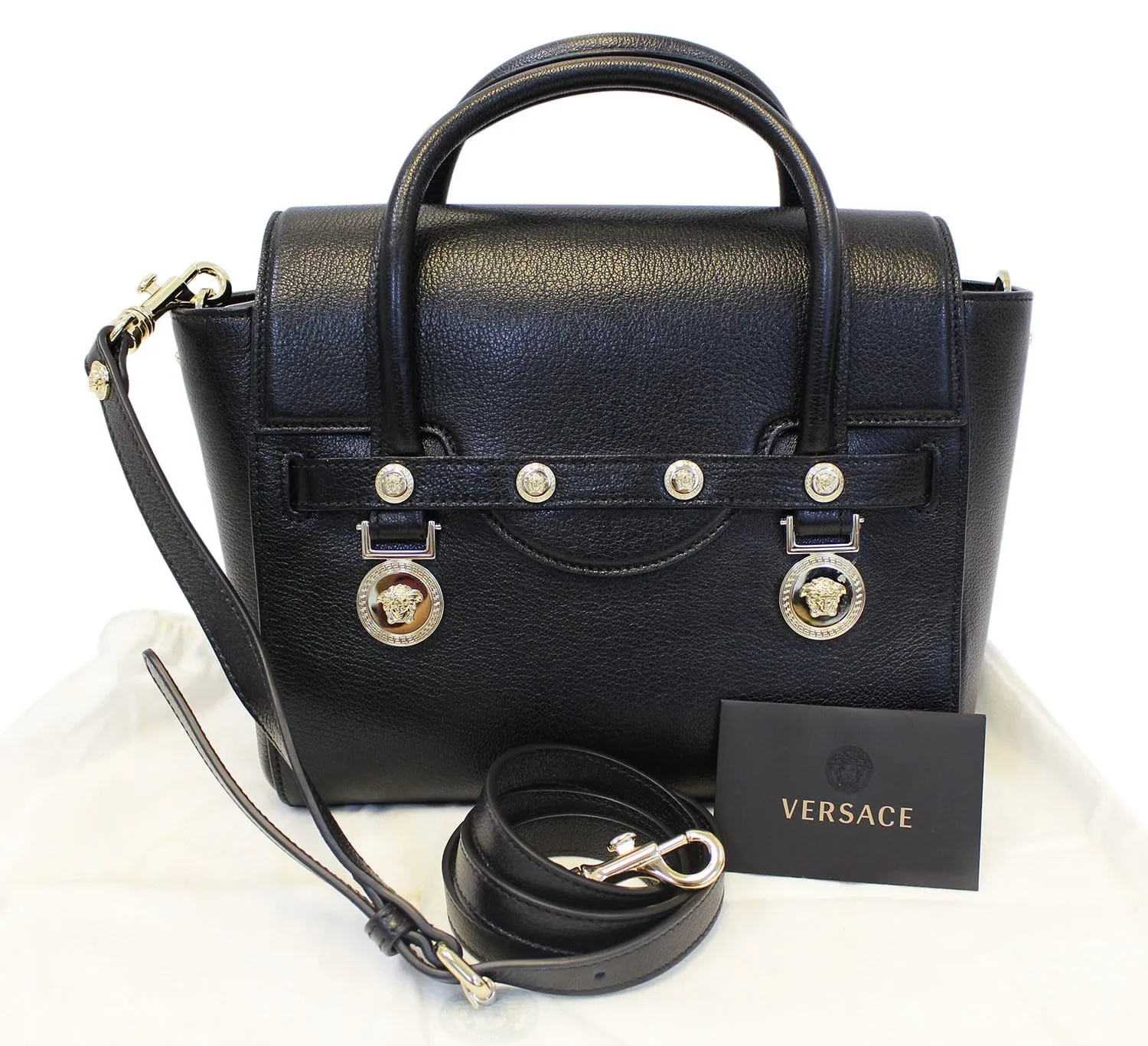Versace Black Leather Medallion Shoulder Crossbody Bag
