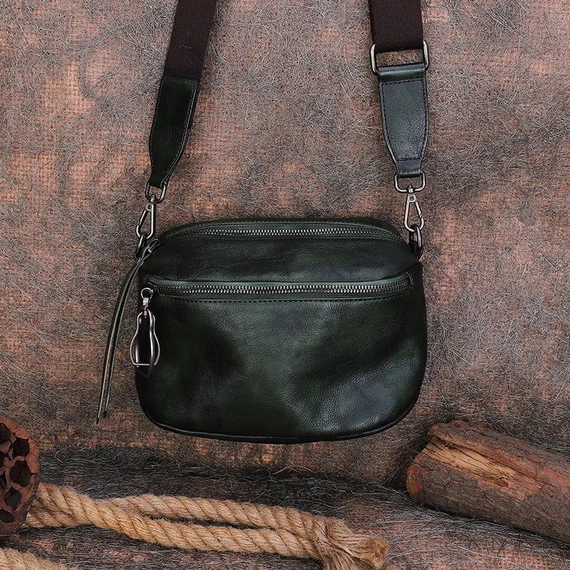 Vintage Green Leather Womens Saddle Shoulder Bag Small Saddle Crossbody Purse for Ladies