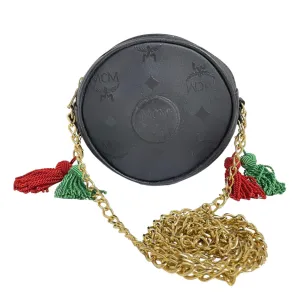 Vintage MCM black monogram mini Suzy Wong pouch bag with red and green fringes. Christmas purse. Designed by Michael Cromer. 0411291