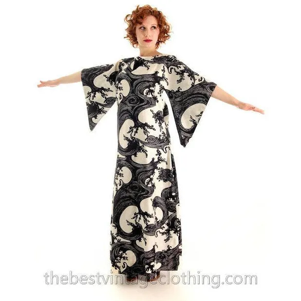 Vintage  Psychedelic Tree Print Caftan Dress 1970s 36" Bust Womens Small