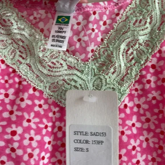 Vintage y2k deadstock pink floral nightie/ dress with green lace details