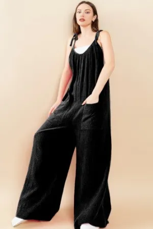 Washed Black Wide Leg Double Gauze Jumpsuit with Tie