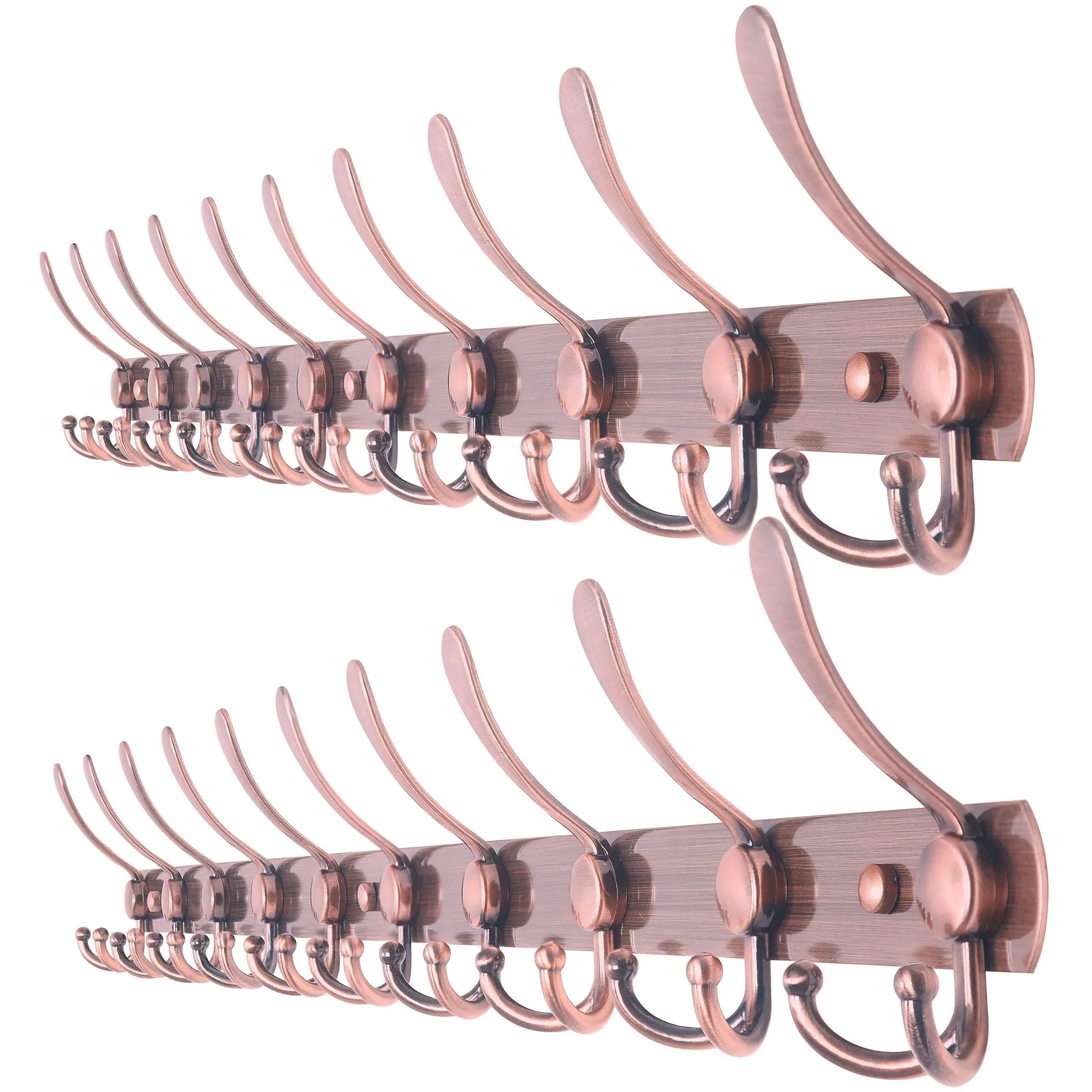 WEBI Coat Rack Wall Mounted -(16" Hole to Hole Center)10 Tri Hook for Hanging Coats,Metal Coat Hook Rack Rail Wall Coat Rack with Hooks Coat Hanger Wall Mount for Entryway Jacket,Antique Copper,2 Pcs