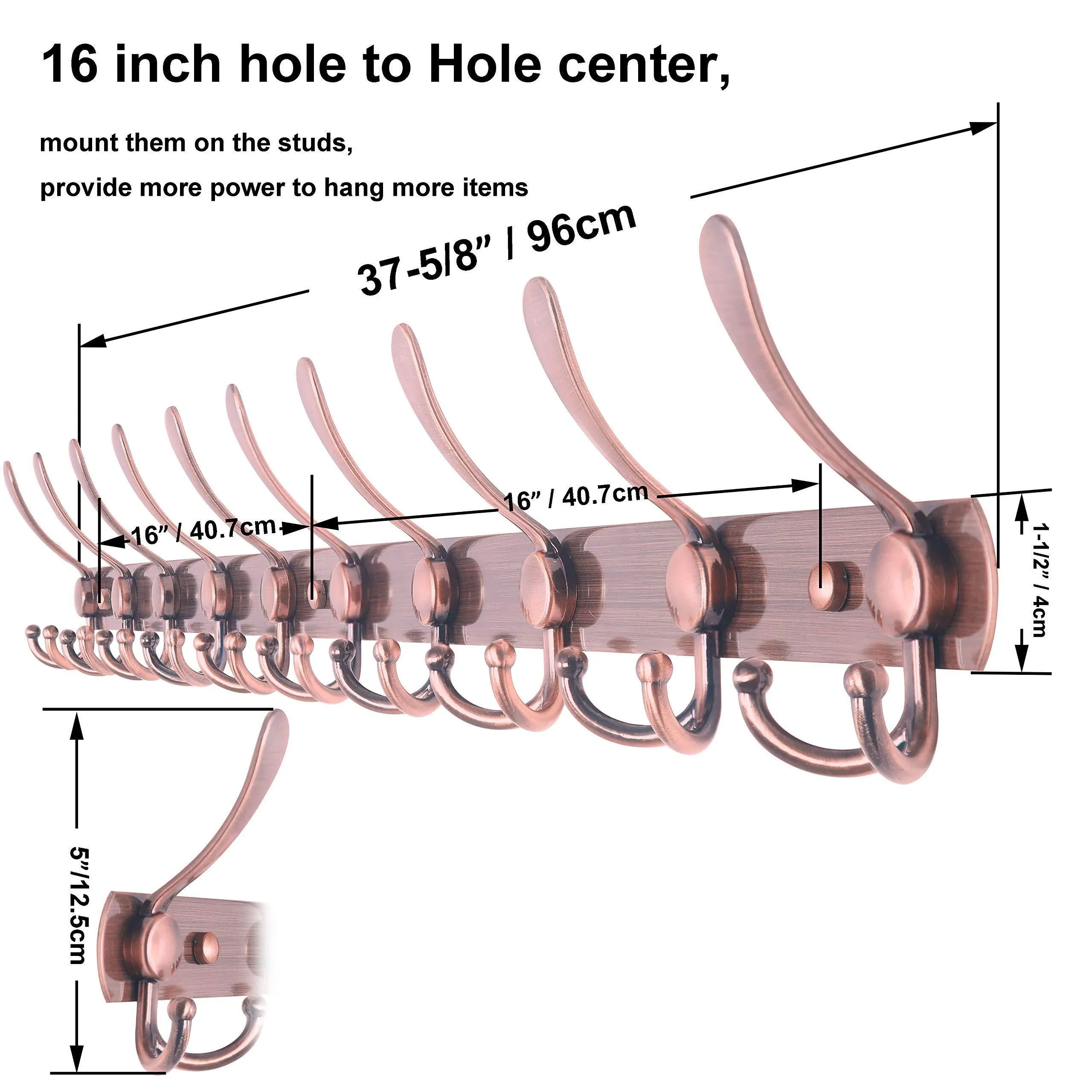 WEBI Coat Rack Wall Mounted -(16" Hole to Hole Center)10 Tri Hook for Hanging Coats,Metal Coat Hook Rack Rail Wall Coat Rack with Hooks Coat Hanger Wall Mount for Entryway Jacket,Antique Copper,2 Pcs