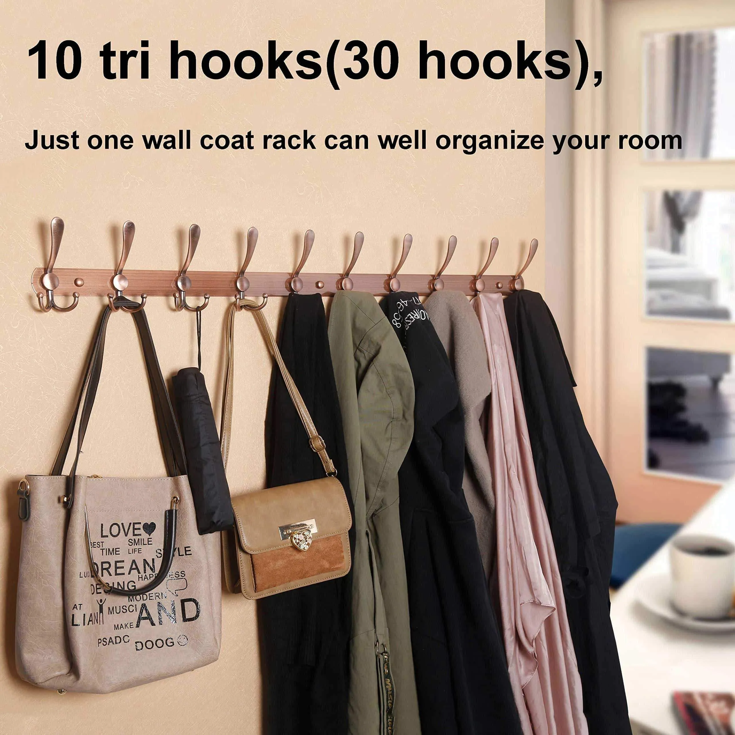 WEBI Coat Rack Wall Mounted -(16" Hole to Hole Center)10 Tri Hook for Hanging Coats,Metal Coat Hook Rack Rail Wall Coat Rack with Hooks Coat Hanger Wall Mount for Entryway Jacket,Antique Copper,2 Pcs