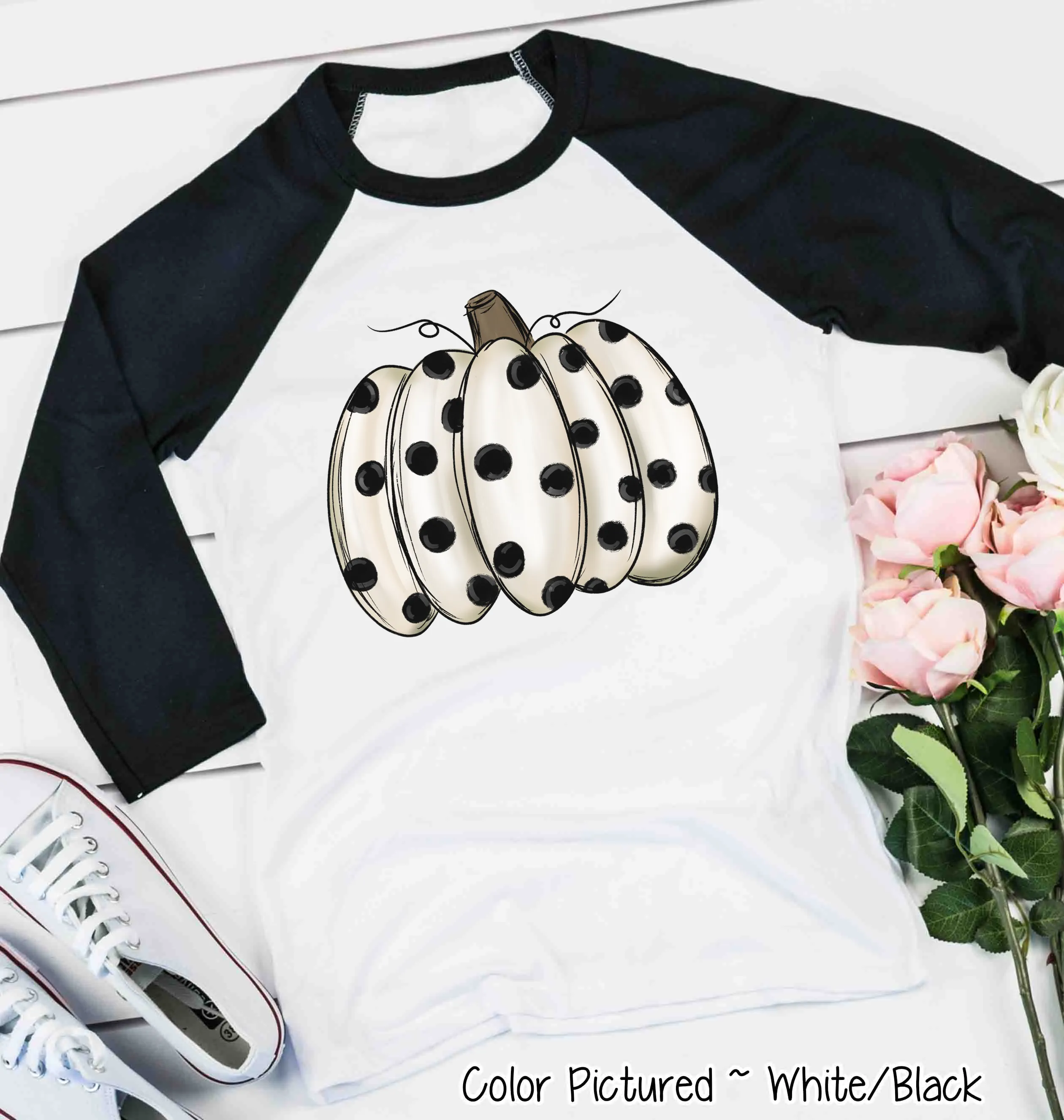 White Polka Dot Pumpkin Raglan Shirt