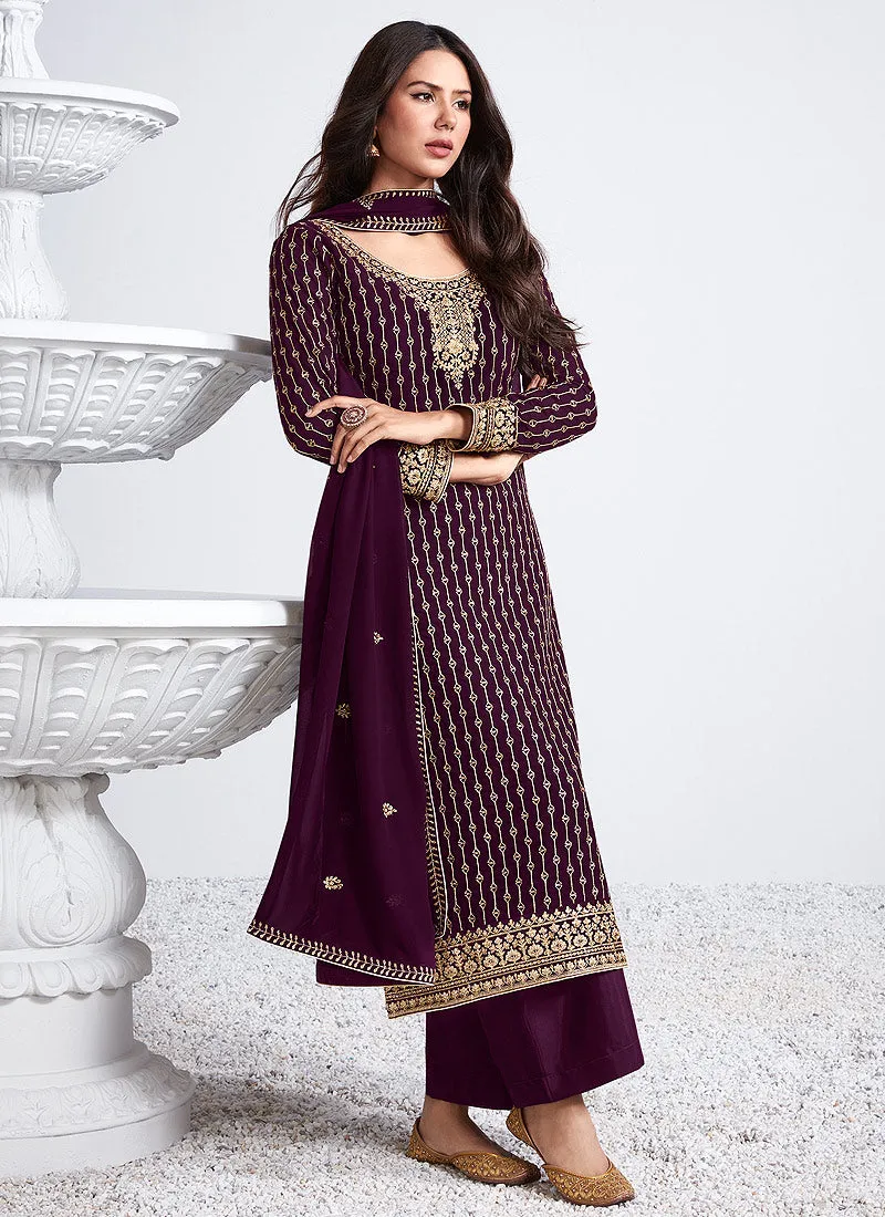 Wine Traditional Embroidered Salwar Kameez