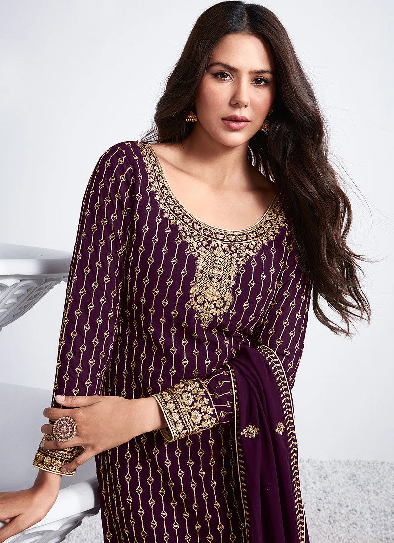Wine Traditional Embroidered Salwar Kameez