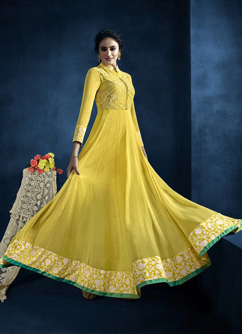 Yellow And Beige Lucknowi Anarkali Suit